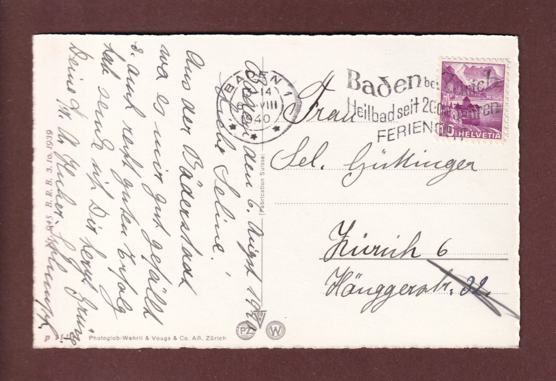 Cartoline postali: BADEN - Teilansicht - 1940 – Usato da Pully venduto da nicecards 1