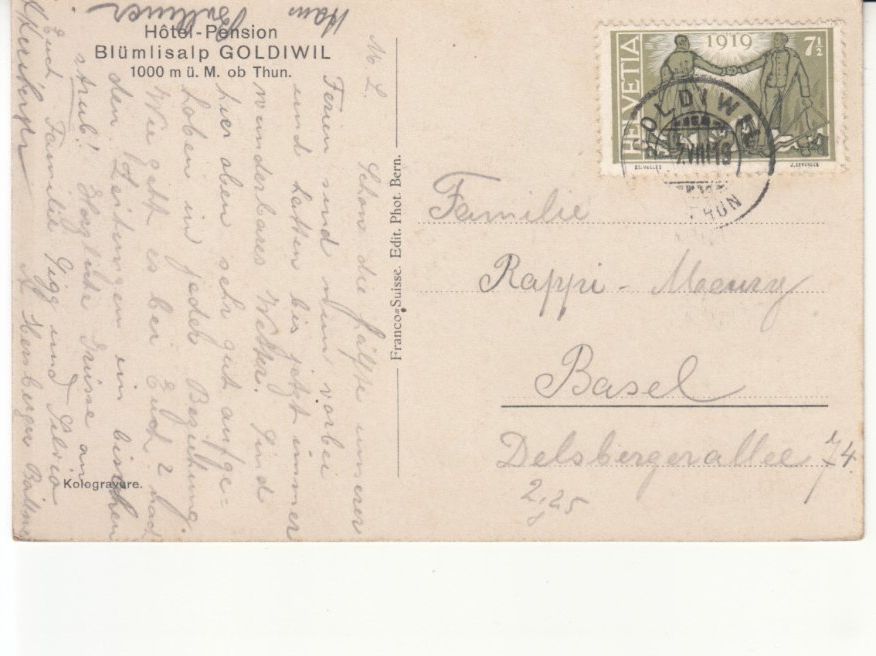 Ansichtskarten: Goldiwil Blüemlisalp 1919 – Gebraucht aus Bürglen TG von StampGraf 1