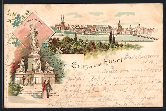 Ansichtskarten: Litho Basel, St. Jacobs-Denkmal und Stad – Gebraucht aus Berlin von bartko-reher