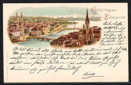 Litho Zürich, Ortsansicht mit Brücken 