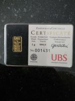 Feingoldbarren UBS 1g 999,9 Feingehalt Zertifikat NEU