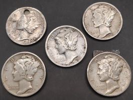 5x Silber Dimes "Mercury" - 1925/27/35/36/42-D