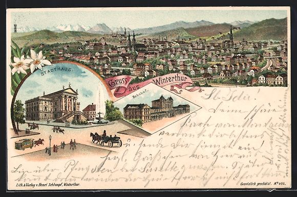 Ansichtskarten: Litho Winterthur, Teilansicht, Stadthaus – Gebraucht aus Berlin von bartko-reher