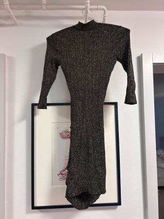 Maje Ruched Metallic Dress, Black and Gold, Used