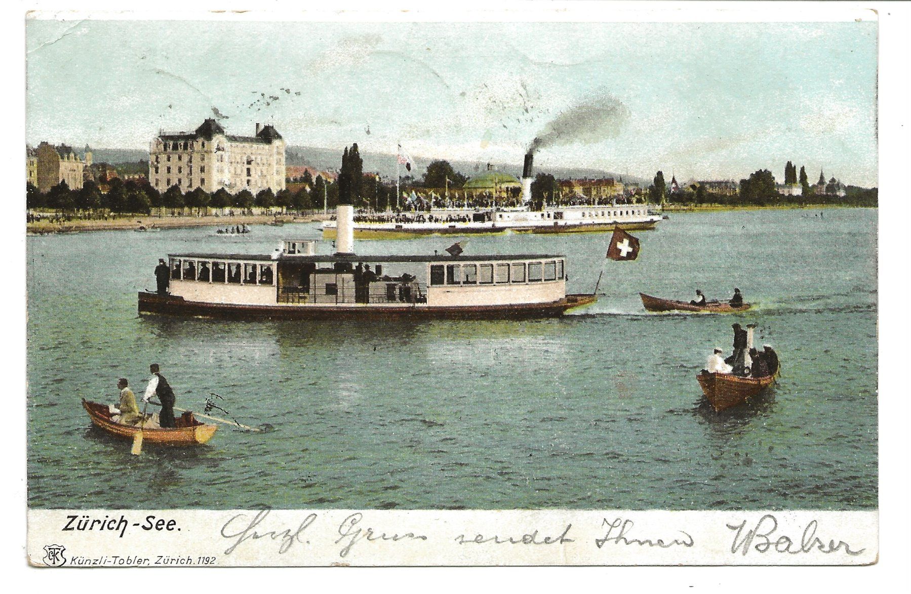 Cartoline postali: Zürichsee - Dampfschiff - Motorboot - Ruderboot - 1904 – Usato da Engelburg venduto da Cartophil