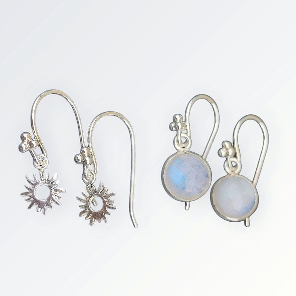 Orecchini pendenti & Orecchini a lobo: 925 Solid Silber Ohrring Set Mondstein & Sonne – Nuovo e nell'imballaggio originale da Schwyz venduto da els_7cys
