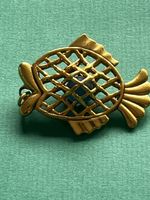 Vintage Fish Brooch Gold Tone Metal with Blue Bead Gift 48
