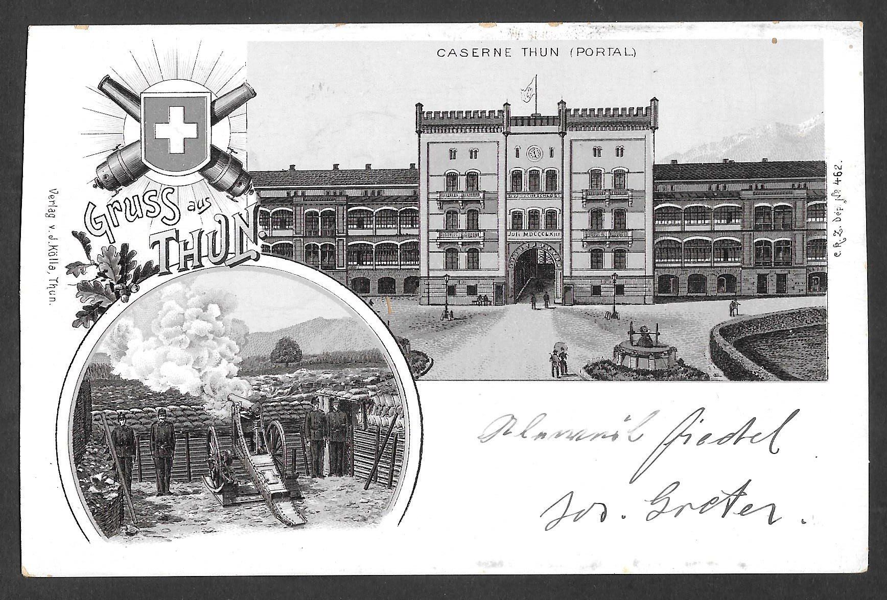 Cartoline postali: Thun braune Lithografie Kaserne von 1896 – Usato da Olten venduto da clotaldi