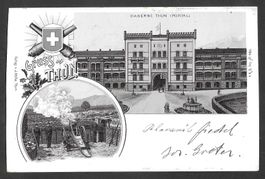 Thun braune Lithografie Kaserne von 1896