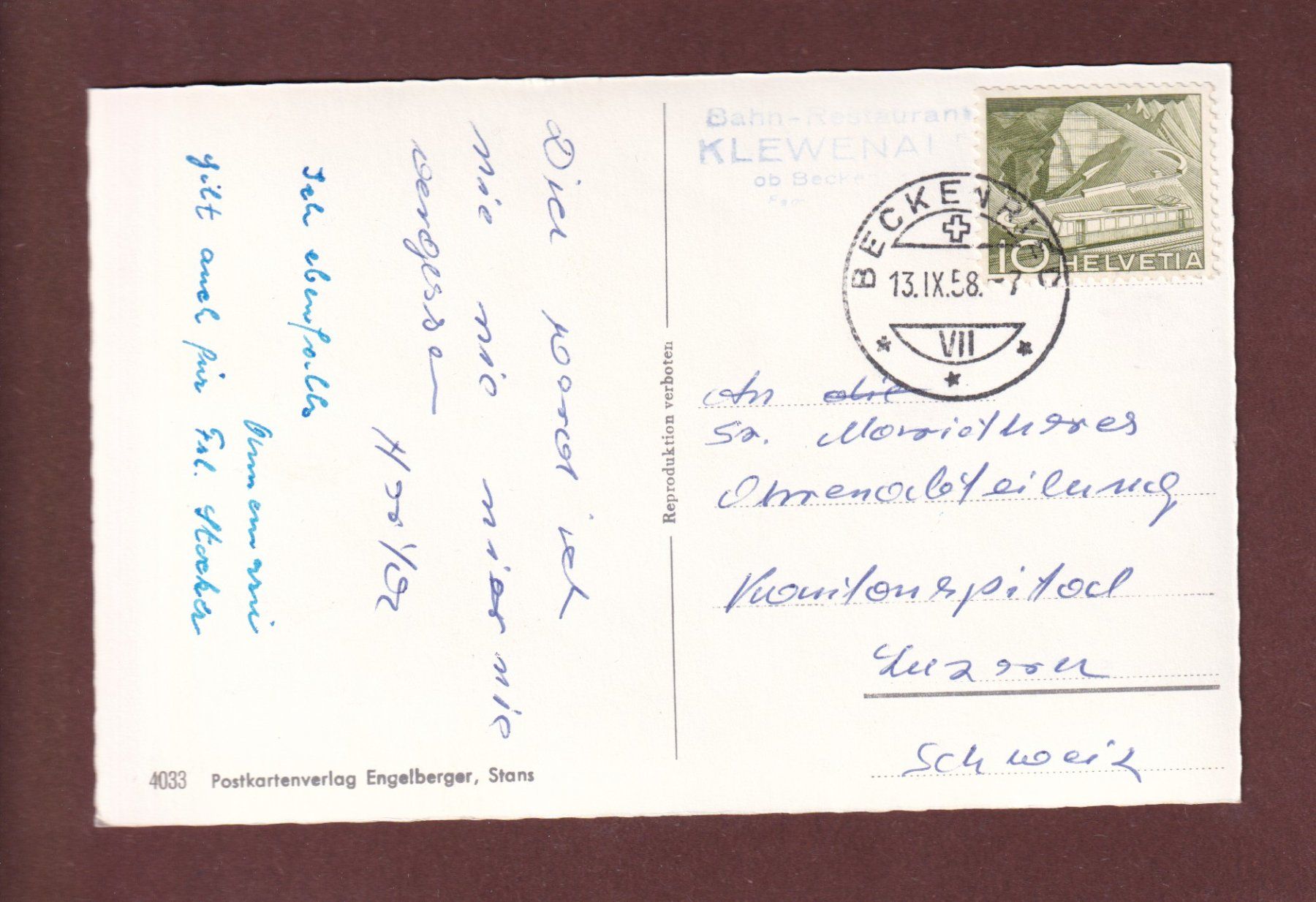 Cartoline postali: KLEWENALP - 1958 – Usato da Pully venduto da nicecards-shop 1