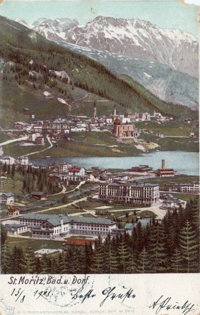 Cartoline postali: St. Moritz - Bad und Dorf   GR      um 1901 – Usato da Brig venduto da Valcards54
