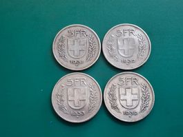 4 x 5 Franken Silbermünzen, Tot. 60 Gr., 1931,1932,1933,1939