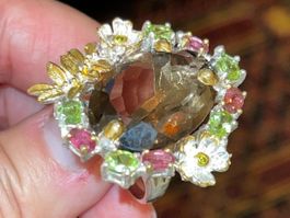 UNIKAT Cognac Quartz Tourmalines SS925 14k Gold Vermeil Ring
