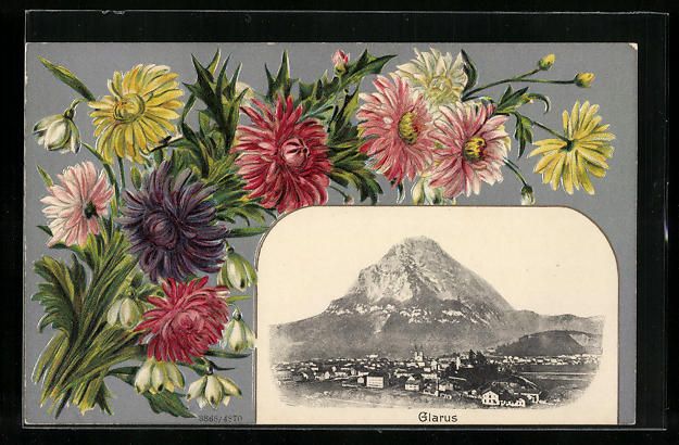 Cartes postales: Präge-AK Glarus, Totalansicht, Blumenst – D'occasion à Berlin par bartko-reher