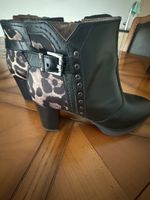Stiefeletten Leder schwarz Leo-Muster Gr. 37 Absatzhoehe 8.5