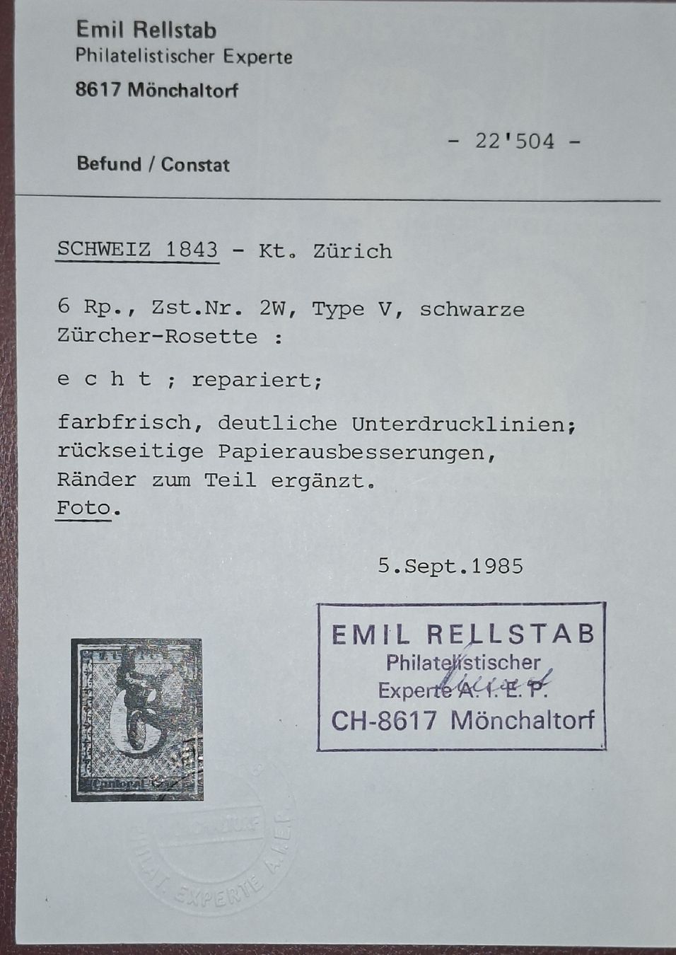 Tutti i francobolli: Zürich 6 2W Typ V mit Attest Rellstab Kat. 2300.- – Usato da Balgach venduto da SIMEON27 2