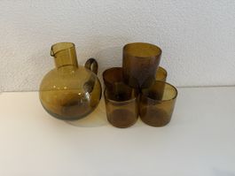 Glaskaraffe mit 4 Becher braun