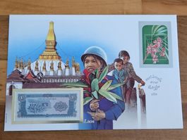 Notenbrief Bankfrische 1-Kip-Banknote aus Laos