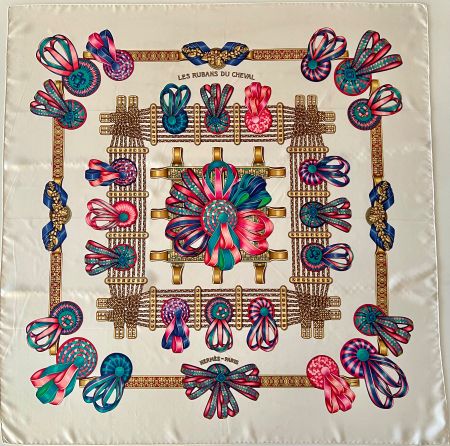 Superbe foulard HERMES-Paris "Les Rubans du Cheval" avec box