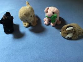 4 Kuscheltiere: Ziege, Hund, Schwein mit Klee, Murmeltier