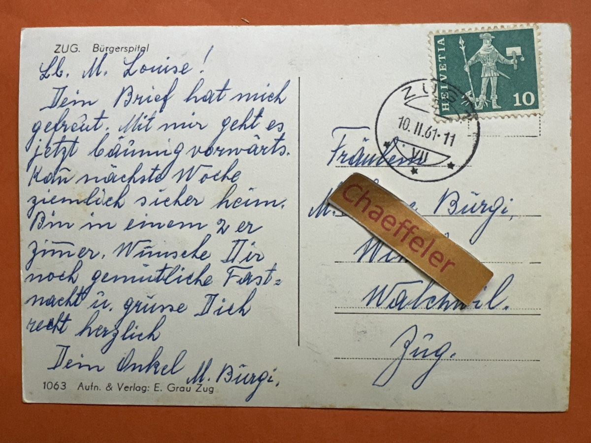 Cartoline postali: 1961 Zug. Bürgerspital – Usato da Zürich venduto da Chaeffeler 1