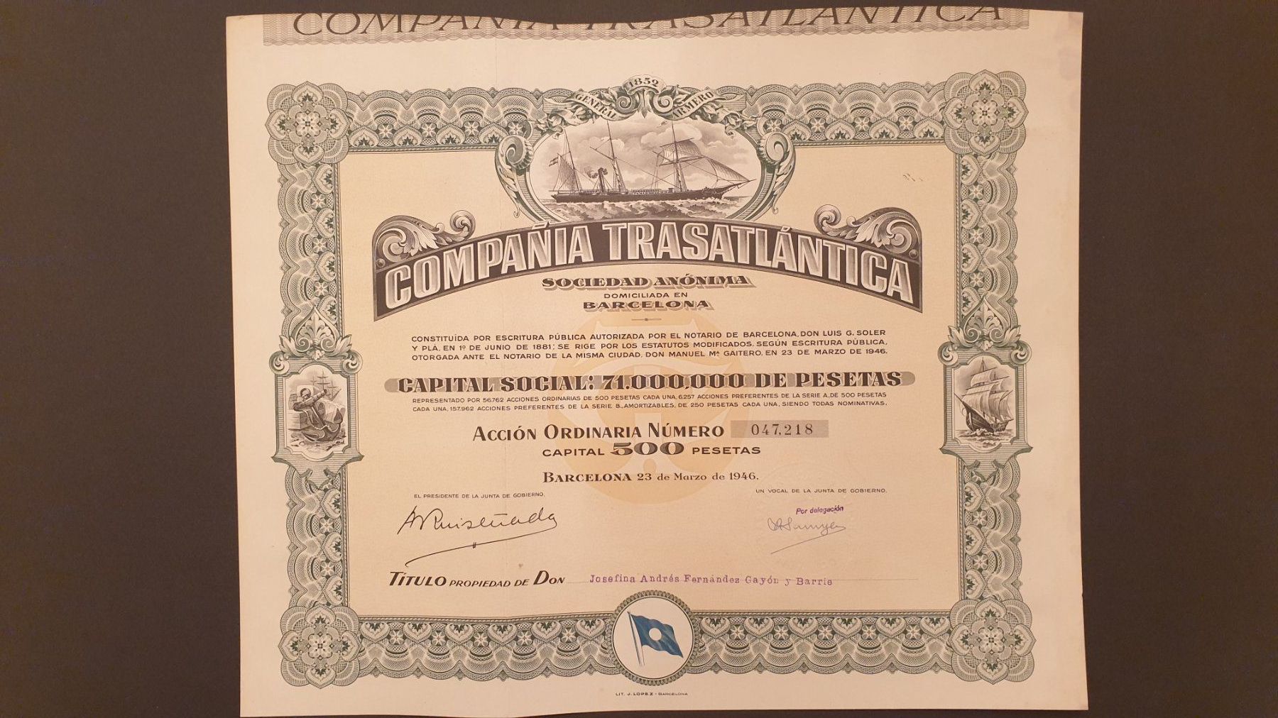 Documenti: Compania Trasatlantica. Barcelona. 1946. – Usato da Goldach venduto da armando_r 1