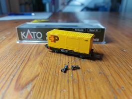 RhB Postcontainer "neues Logo" auf Lb-v Tragwagen von Kato