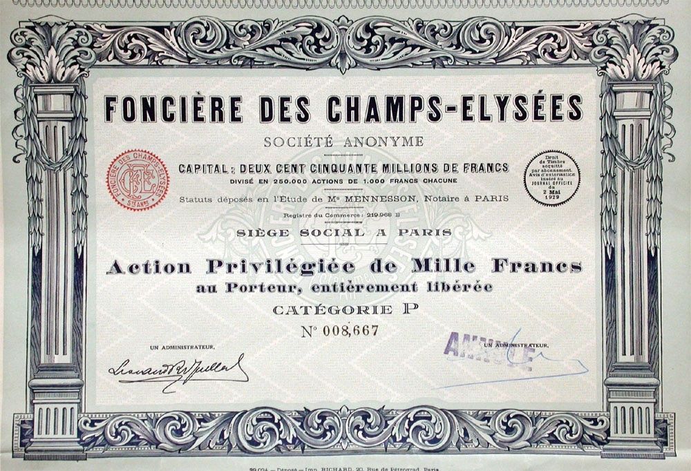 Documenti: Foncière des Champs-Elysées SA, Paris - 1929 – Usato da Solothurn venduto da Sgasche