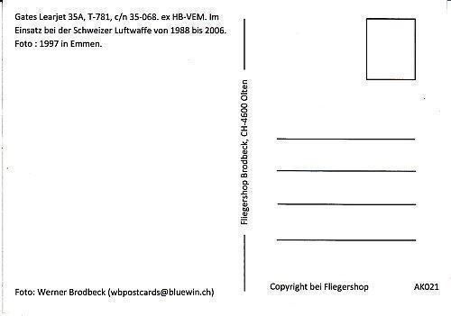 Cartoline postali: Postcard Swiss AF Learjet T-781 – Nuovo (secondo la descrizione) da Basel venduto da Dogana 1