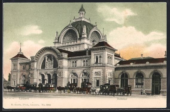 Cartoline postali: Luzern, Bahnhof mit wartenden Pferdekuts – Usato da Berlin venduto da bartko-reher