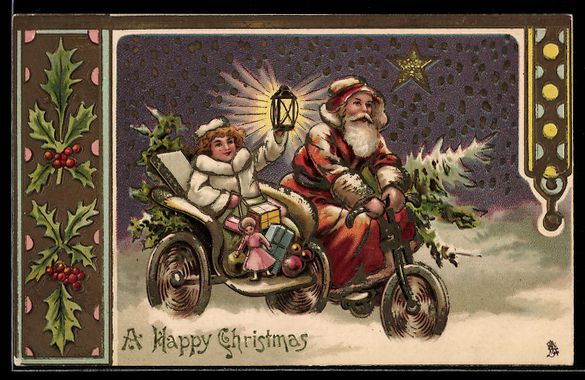 Ansichtskarten: Präge-AK Weihnachtsmann auf einem Motor – Gebraucht aus Berlin von bartko-reher