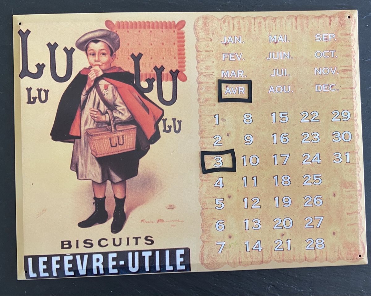 Insegne: Vintage LU Biscuits Kalender Blechschild – Usato da Wald ZH venduto da baby034