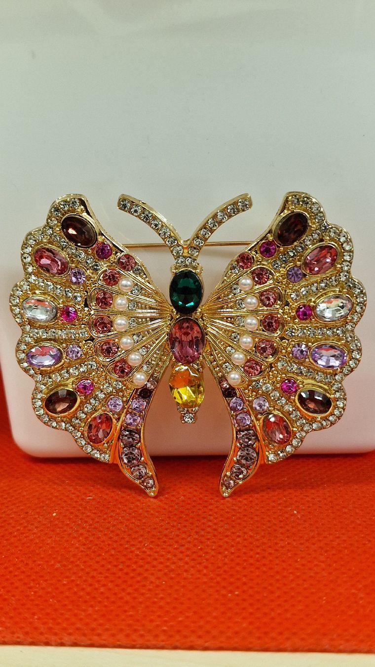 Spille & Fermagli: Brosche Schmetterling goldfarben mit bunten Steinen – Nuovo (secondo la descrizione) da Herisau venduto da Antiques.AR