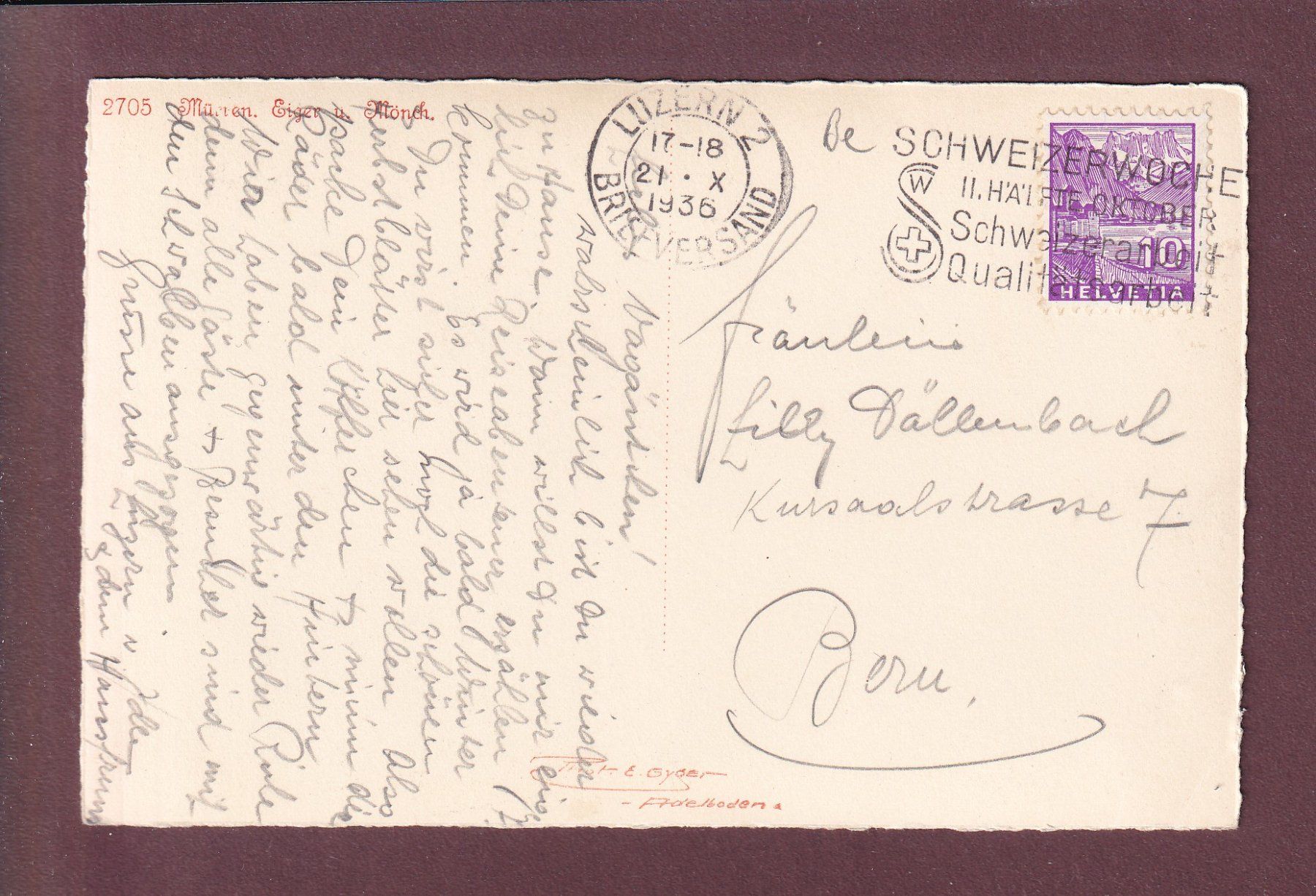Cartoline postali: MÜRREN - Eiger - Mönch - 1936 E. Gyger // Eckbug // – Usato da Pully venduto da nicecards 1