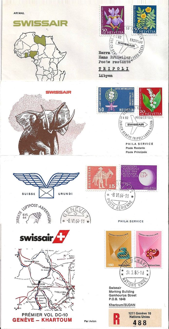 Tutti i francobolli: 4 Swissair-Briefe – Usato da Zürich venduto da Philacat11