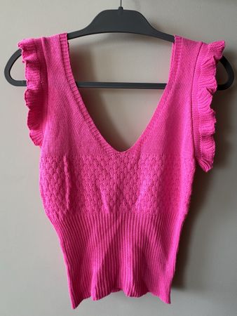 Pink Knit Top Ruffle Sleeves V-Neck Size S