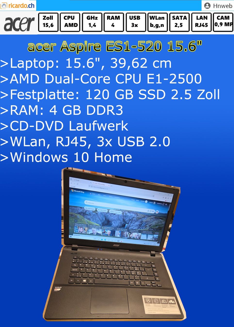 Acer Notebook: acer-Aspire-ES1-520-32NG, 15.6" – Usato da Kaisten venduto da Hnweb