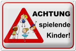 Blechschild-ACHTUNG-SPIELENDE KINDER!weiss-rot