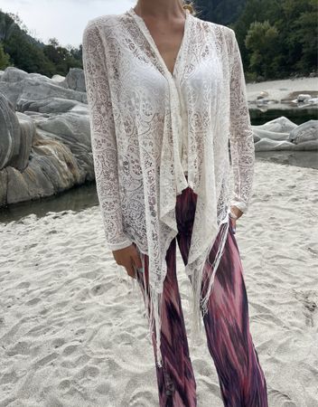 Cardigan pizzo avorio con frange - Taglia unica 43