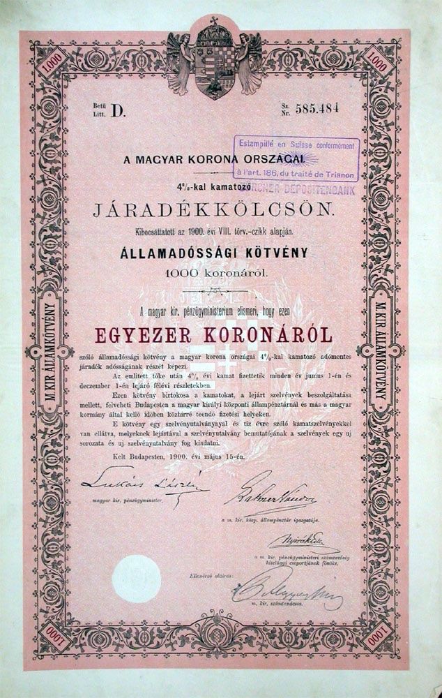 Documenti: 4% Königreich Ungarn, Budapest - 1900 – Usato da Solothurn venduto da Sgasche