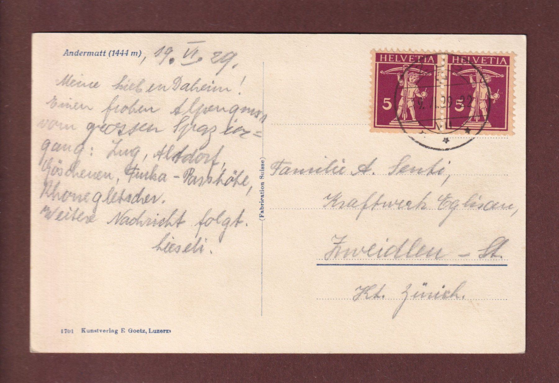 Cartes postales: ANDERMATT - 1929 – D'occasion à Pully par nicecards 1