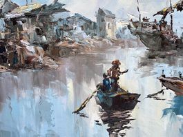 Ölgemälde auf Leinwand signiert P. Wong Boote Fluss Asien...