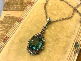 JUGENDSTIL ANHÄNGER AN KETTE SILBER 835 SPINELL MARKASITE