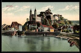 AK Aarburg, Schloss und Kirche an der Aare mit Brücke