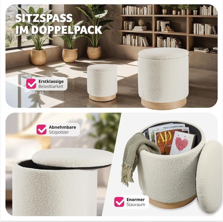 Sgabelli: 2er Set Hocker mit Stauraum Bouclé Sitzhocker AMELIE – Nuovo e nell'imballaggio originale da Lachen SZ venduto da sw3zzy 5
