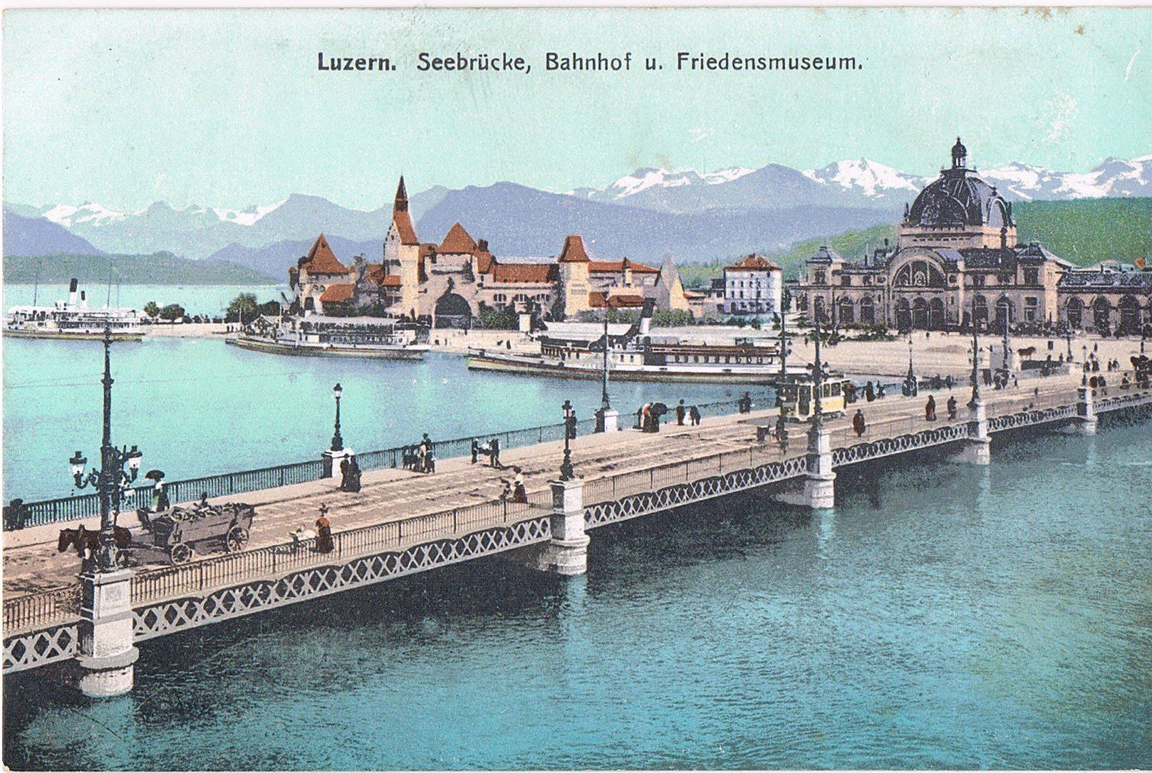 Cartoline postali: LUZERN, Seebrücke, Bahnhof u. Friedensmuseum – Usato da Buchs AG venduto da Baerfisch