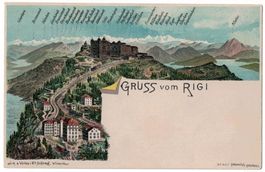 Gruss vom Rigi, Bergpanorama, Litho, geschätzt vor 1900