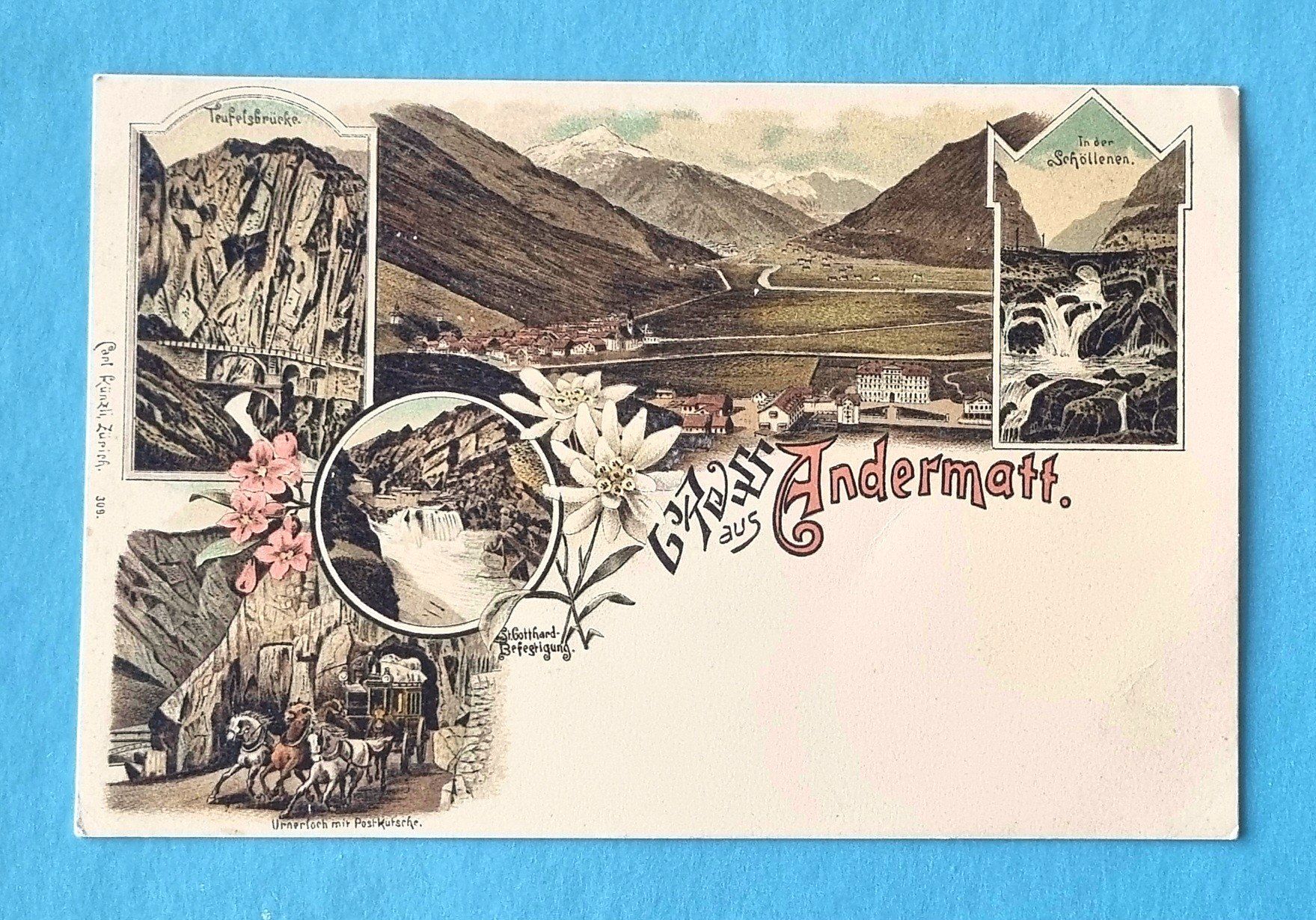 Ansichtskarten: Gruss aus Andermatt - Urnerloch - Postkutsche - Litho – Gebraucht aus Rothrist von RROENK