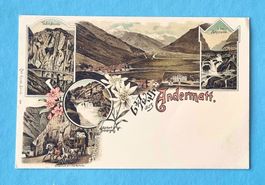 Gruss aus Andermatt - Urnerloch - Postkutsche - Litho