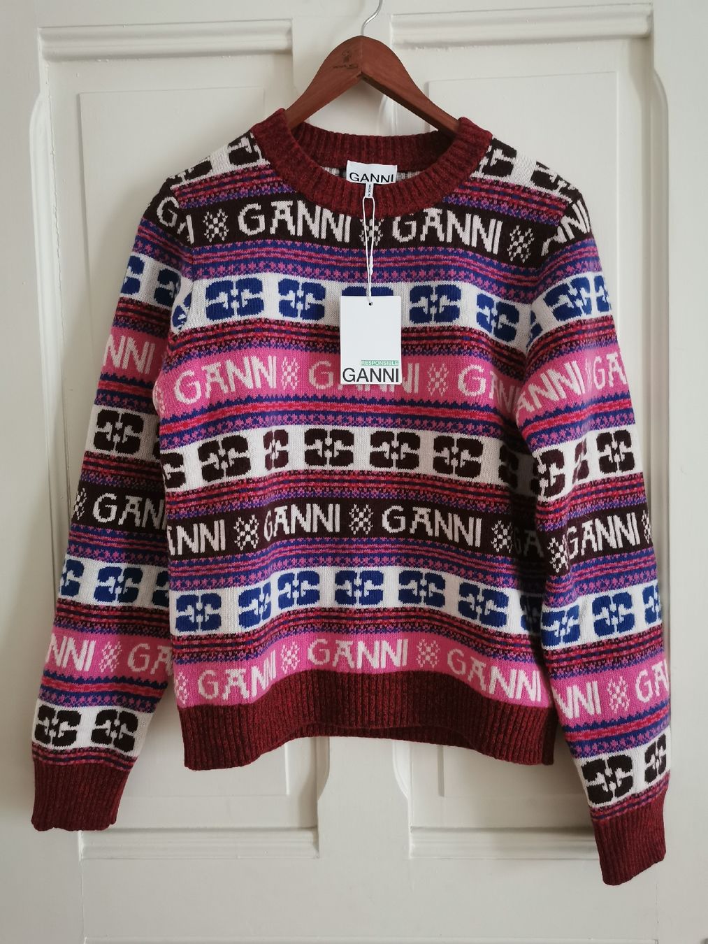 Ganni Maglioni & Felpe: GANNI Wollpullover, Strickpullover,Muster Jumper, Gr. L, NEU – Nuovo e nell'imballaggio originale da Zürich venduto da Hibiskus3